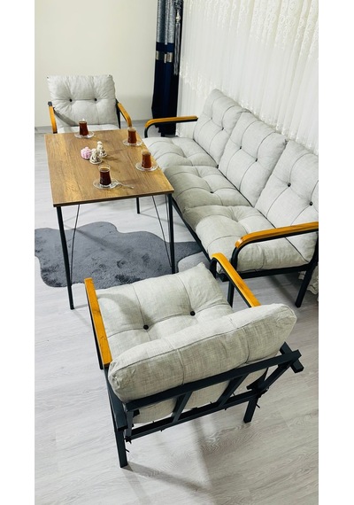 Madame Home Açelya Balkon, Bahçe, Cafe - Salon - Metal Kanepe Koltuk Takımı 3+1+1 + Masa Açık Gri