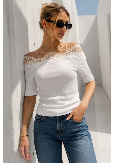 Beyaz Dantelli Madonna Yaka Slim Fit Tişört Mg2743