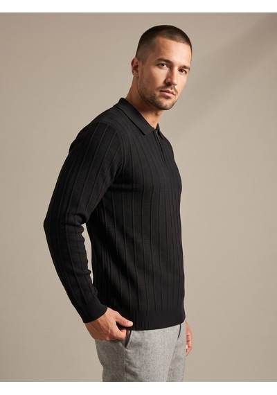 Maccali Erkek Siyah Fitil Detaylı Fermuarlı Polo Yaka Triko Sweatshirt