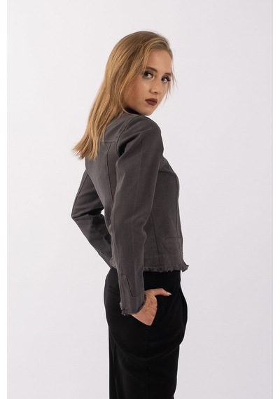 Bold & Young Kadın Yağ Yeşili Power Strech Çıt Çıtlı Slim Fit Denim Ceket Antrasit