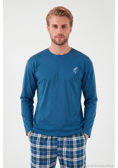 Buratti Ekoseli Pamuklu Bisiklet Yaka Uzun Kollu Pijama Takımı Erkek Pijama Takımı 6575003 İndigo