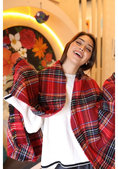 Ekose Desenli Atkı Omuz Şalı 70x180 CM 1202 Kırmızı