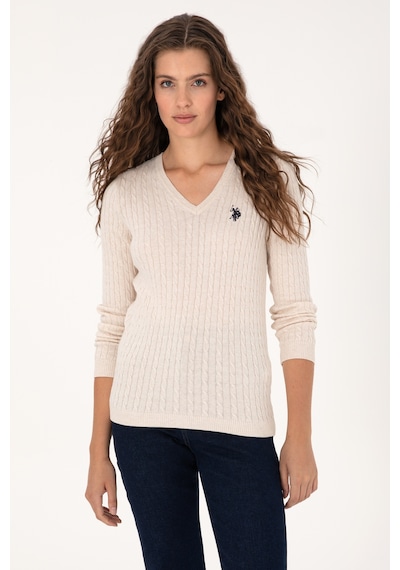 U.S. Polo Assn. Kadın Krem Melanj V Yaka Basic Kazak 50313625-VR159