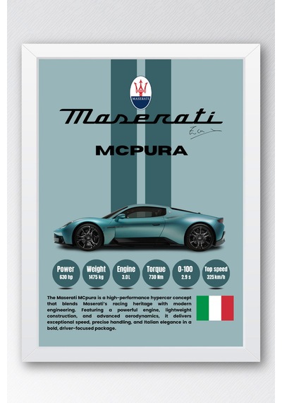 Maserati Mcpura Premium Araba Tablosu - Teknik Özellikli İtalyan Otomobil Duvar Dekoru Beyaz