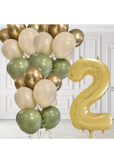 2 Yaş Retro Küf Yeşili Krom Gold Kum Beji Balon Seti Gold Rakam Doğum Günü Balonu Şık Parti Süsleme Çok Renkli