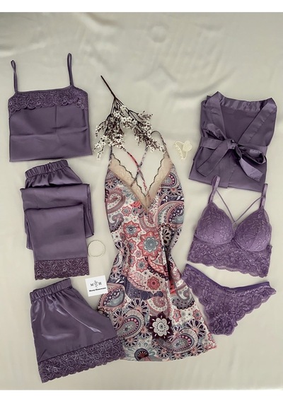 Mh Moony Homewears Kutulu 7'li Selekta Saten Gecelik Pijama Iç Giyim Çeyiz Seti LILA