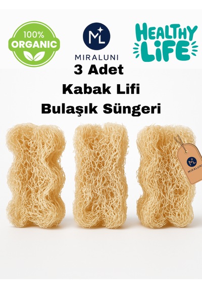 3 Lü Doğal Kabak Lifi Bulaşık Süngeri Bitkisel, Çevre Dostu, Plastik İçermez, Uzun Ömürlü