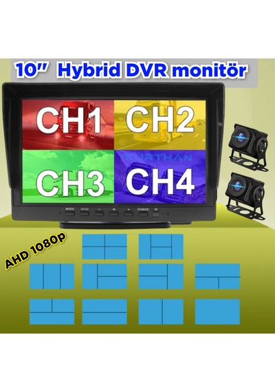 2 Ad180 Derece Geniş Açı Ahd Kamera 10'' Dvr Monitör Set 12 Volt