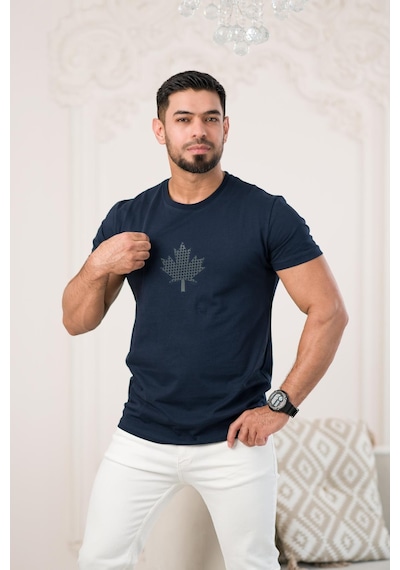 Paul Martin Bisiklet Yaka Önü Baskılı Pamuklu Basic Regular Fit T-shirt Lacivert