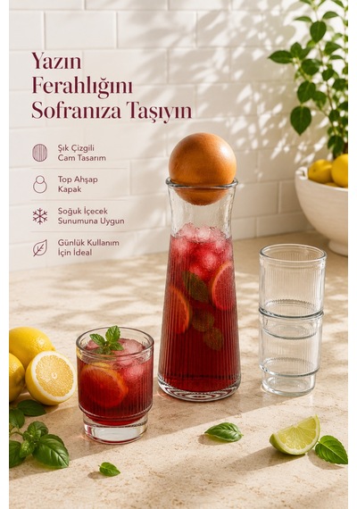 4'lü Cam Karaf & Bardak Seti - Top Kapaklı Limonata Meşrubat Meyve Suyu Servis Sunum Seti