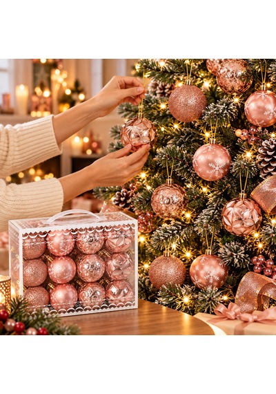 Bakgelal 24 Parça Lüks Rose Gold Yılbaşı Ağaç Süsü Seti - 6 Cm Dört Farklı Tasarımlı Rose Gold Çam Ağacı Topu Seti - 9066633858525 Diğer