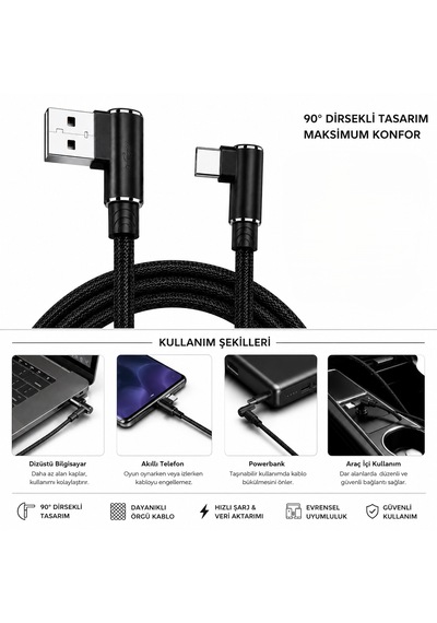 90 L Tipi Usb To Type-c Şarj Kablosu Kırılmaya Karşı Dayanıklı Diğer