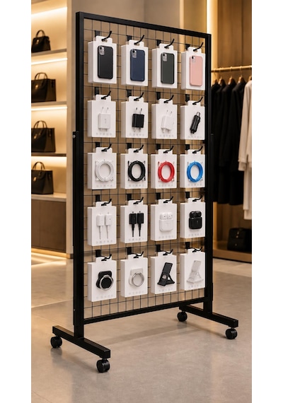 Tekerlekli Sık Telli Tel Raf - Tel Pano Stand, Duvar Askılığı-20 Adet 20 Cm Tel Pano Kanca Hediyeli 60 x 190 CM