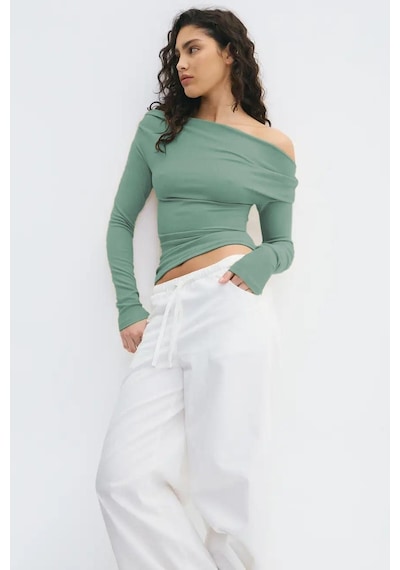 Madmext Haki Kadın Off Shoulder Uzun Kollu Bluz Mg2567 Haki