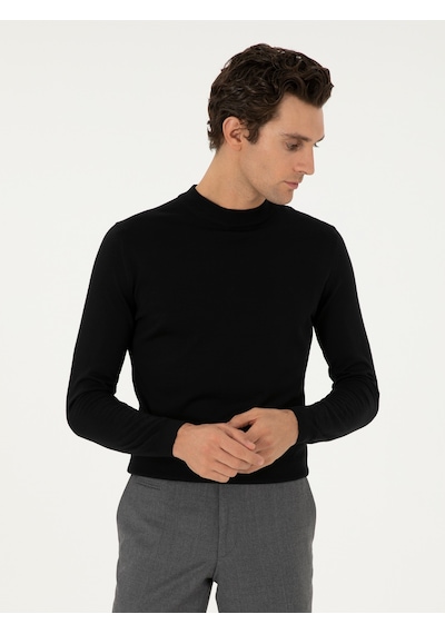 Cacharel Siyah Slim Fit Yün Karışımlı Çeyrek Balıkçı Yaka Basic Triko Kazak