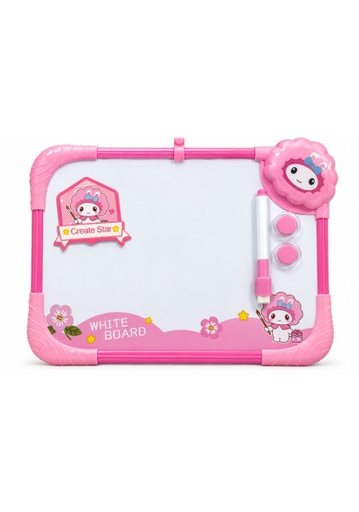 Çocuklar Için Renkli Çerçeveli Beyaz Yazı Tahtası Kalem Ve 2 Mıknatıslı Eğitici Çizim Tahtası 35x25 Cm Pembe