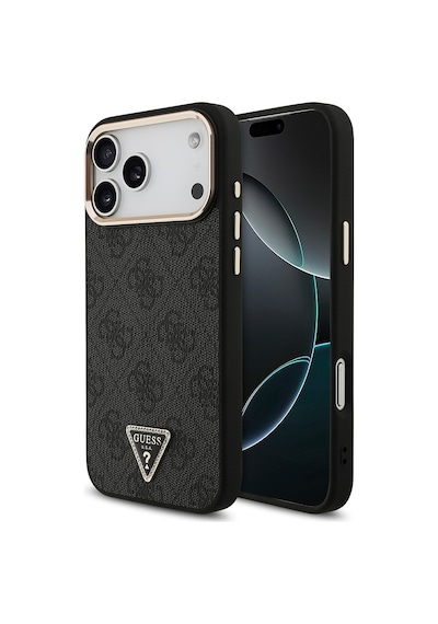 Apple Uyumlu iPhone 17 Pro Max Kılıf Guess Lisanslı M-safeli Taşlı Üçgen Logo 4g Desenli Kapak Siyah Siyah