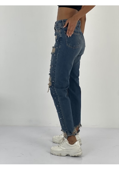 Miss Poem Kadın Taş Detaylı Lacivert Denim Kot Pantolon Lacivert