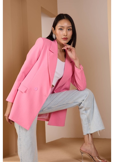 Pembe Regular Dokuma Astarlı Taş Detaylı Blazer Ceket Pembe