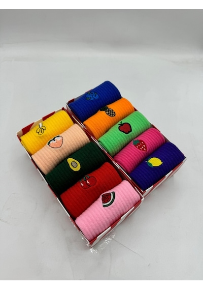 Carnaval Socks 10'lu Nakışlı Meyveler Desenli Renkli Çorap Kutusu Renkli Nakışlı Çok Renkli