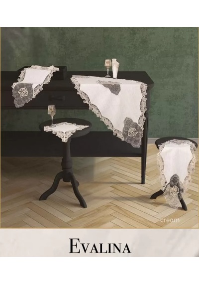 Evalina Model Krem-krem 5 Parça Keten Dantelli Runner Seti Salon Takımı Çok Renkli