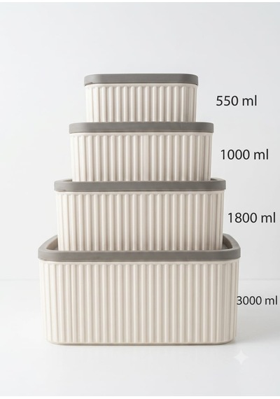4 Parça Kapaklı İç İçe Geçebilen Erzak Ve Mutfak Saklama Kabı Seti - Krem / Gri Oluklu Desen 550ml, 1000ml, 1800ml, 3000ml Çizgili Tasarım Mutfak Düzenleyici Set --