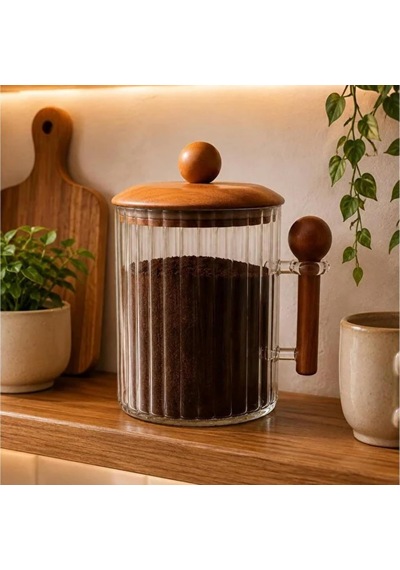 Tr 650 Ml Saklama Kavanozu Akasya Ahşap Kapaklı Kaşıklı Kahve Çay Şeker Saklama Kabı Diğer
