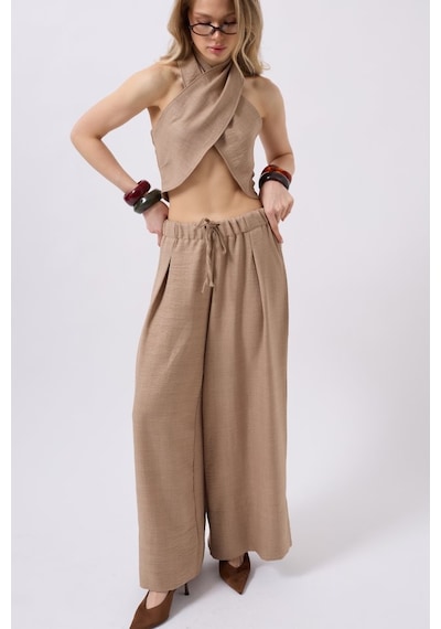 Hazego Düşük Bel Oversize Keten Pantolon Vizon