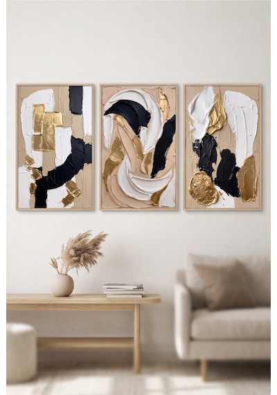 Doğal Ahşap Çerçeveli Soyut Siyah Beyaz Gold Duvar Tablosu 3 Lü Set Dokulu Modern Tasarım Modern Dekorasyon Kabartma Görünümlüdür Bej - 925628118 Bej