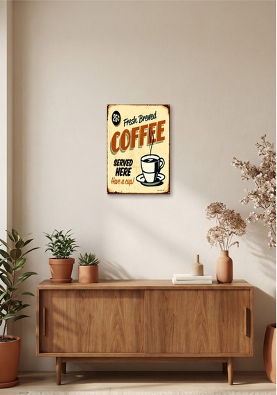 Fresh Brewed Coffee Retro Tablo Vintage Kahve Temalı Dekoratif Duvar Tablosu Ahşap & Metal Baskı