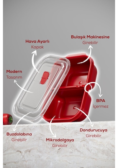 Kapaklı 3 Lü Mikrodalgaya Uygun Dikdörtgen Saklama Kabı Seti - 500 Ml Kırmızı