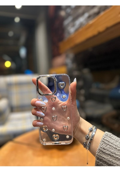 İphone 15 Pro Uyumlu Kalp Desenli Darbeye Karşı Dayanıklı Kılıf Plastıc Cover Gri