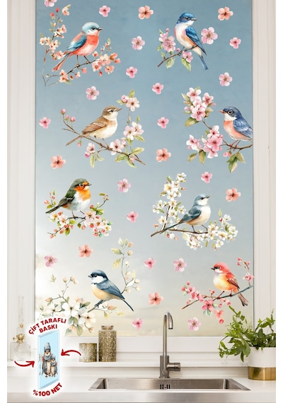 Çift Taraflı Cam Sticker Kuş Ve Çiçek Seti 57 Parça Bahar Temalı Pencere Süsü, %100 Net Görünüm Dijital Baskı