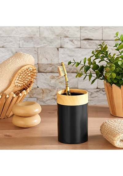 Bersachef Limpia Bambu Desenli 5'li Banyo Seti Çöp Kovası Sıvı Sabunluk Diş Fırçalık Kutusu Banyo Seti Siyah