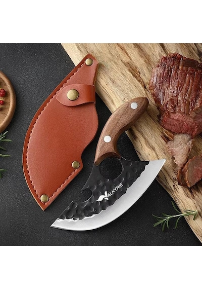 Valkyrie Outdoor Kamp Et Sebze Doğrama Satırı Kılıflı Bıçak Ahşap Saplı Çok Amaçlı Kahverengi