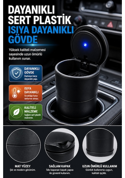 Araba Küllüğü Bardaklık Tipi Kapaklı Koku Önleyici Oto Araç Küllüğü Bardaklık Uyumlu Siyah