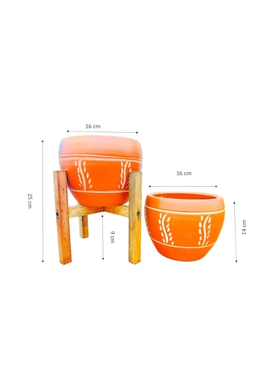 BİTKİ TASARIMI EV DEKORASYON NAKIŞ DESENLİ TERRAKOTA TOPRAK SAKSI SAKSILIK SALON ÇİÇEKLİK İKİLİ SET AYAKSIZ - 4 AYAKLI- 15 CM