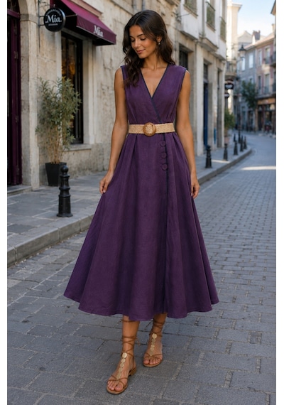 Eren Style İtalyan Belden Dolamalı Anvelop Keten Elbise Boyu:126 Cm'dir. Mor Eren Style İtalyan Belden Dolamalı Anvelop Keten Elbise Boyu:126 Cm'dir. Mor
