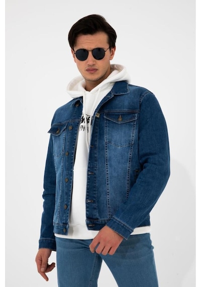 HLT Jeans Erkek Mavi Jean Denim Standart Kalıp Pamuk Cepli Düğmeli Kot Ceket 001
