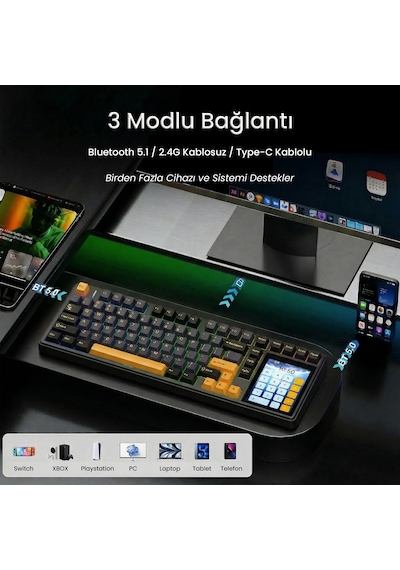 Aula L99 4" Akıllı Dokunmatik Ekranlı 3 Modlu RGB Hot Swap Caramel Latte Switch Mekanik Kablosuz Oyuncu Klavyesi Mor