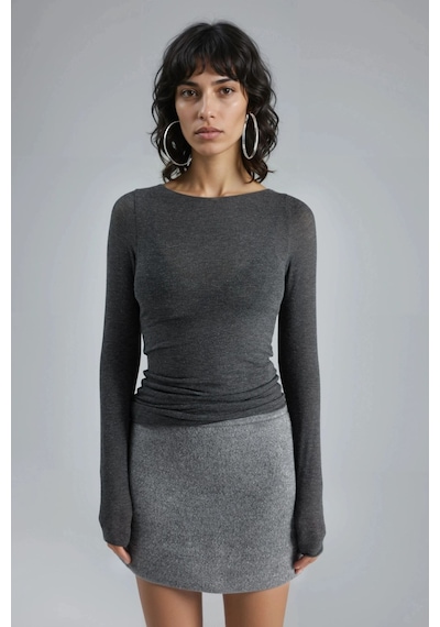 Hiccup Busem Slim Fit Kayık Yaka Bluz Koyu Gri