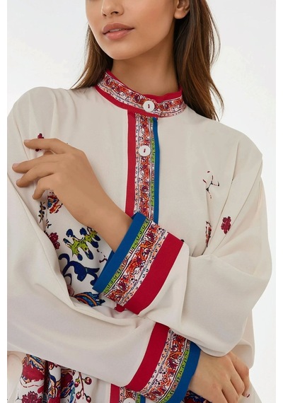 Hiccup Baskıllı Yüksek Bel Kimono Ve Pantolon İkili Modest Takım Beyaz