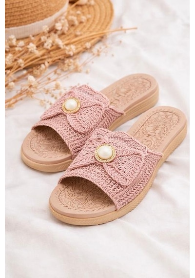 Papucumun Dünyası Hasır Örgü Kadın Terlik Ev Terliği Ve Dış Mekan Terliği Pembe