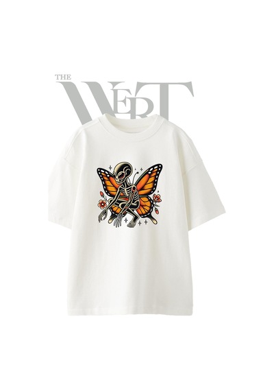 Thewert Alien Butterfly Skeleton Tasarım Baskılı Ünisex Beyaz Oversize T-shirt