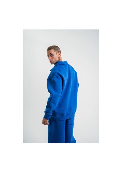 Erkek Açık Yakalı Oversize 3 İplik Pamuklu Sweatshirt - Mii Mavi