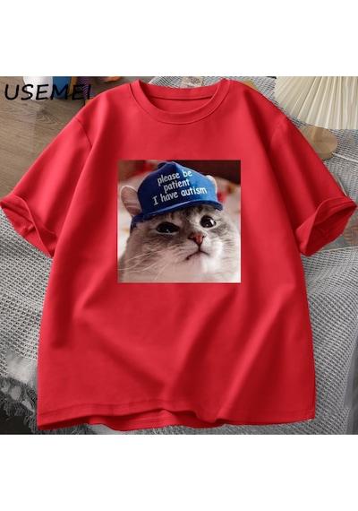 Flood Of Style Lütfen Sabırlı Olun Ben Otizm Kedi Grafik T Shirt Erkek T-shirt Adam Giysileri Kısa Kollu Pam Kırmızı