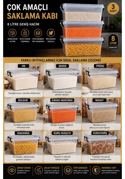 Modula 8l 3 Lü 8 Litre Kilitli Kapaklı Şeffaf Erzak Ve Saklama Kabı Seti İstiflenebilir Kuru Gıda Kabı Şeffaf