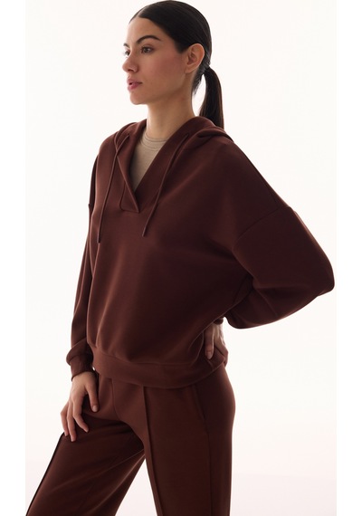 Penti Kahverengi V Yaka Oversize Kapüşonlu Sweatshirt