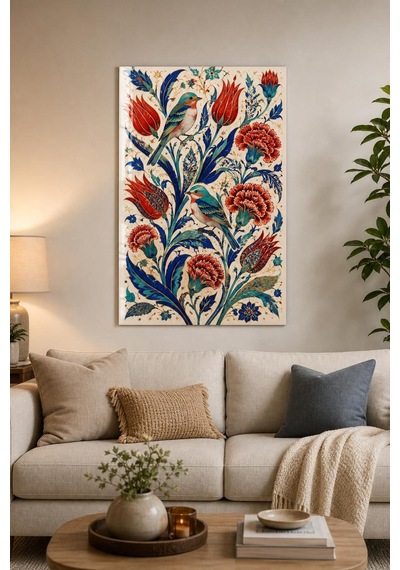 Osmanlı Motifli Kuş Ve Lale Desenli Baskılı Cam Tablo Dekoratif Duvar Sanatı
