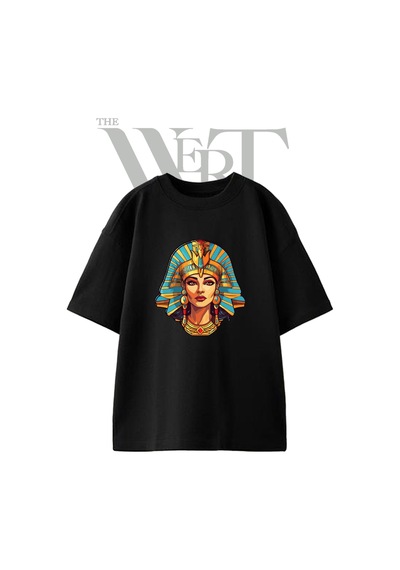 Thewert Cleopatra Tasarım Baskılı Ünisex Siyah Oversize T-shirt